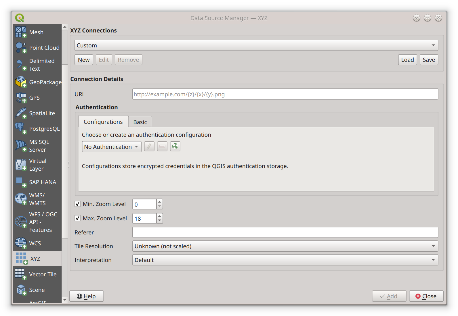QGIS add xyz layer window