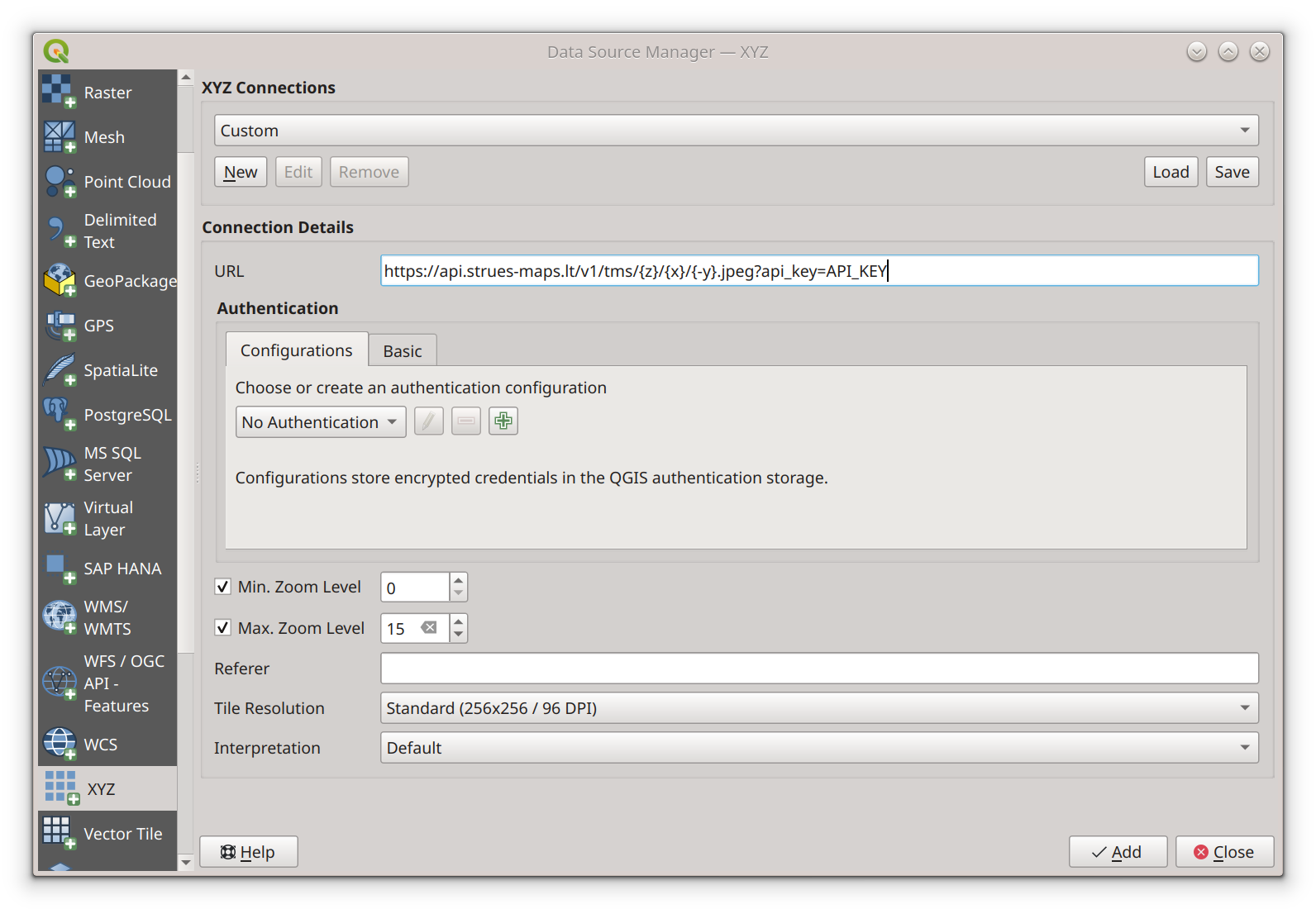 QGIS configure xyz layer window